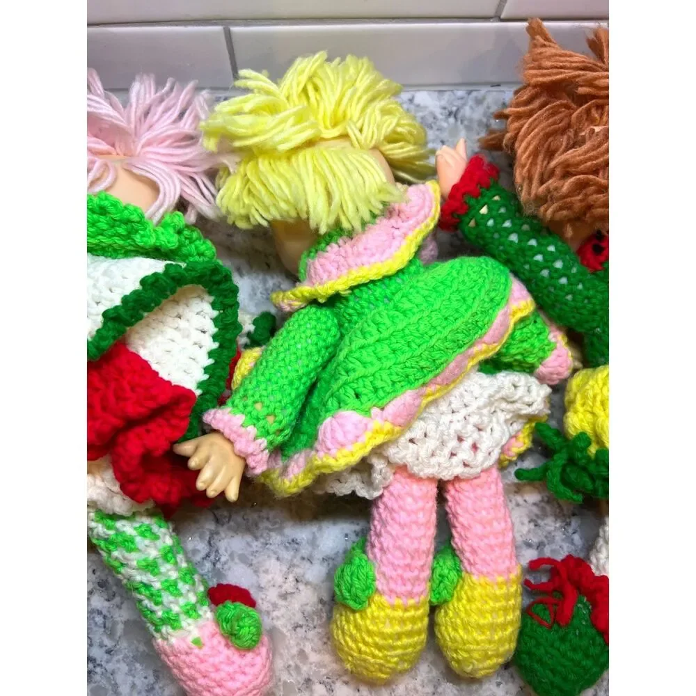 3 Vintage Crochet & Vinyl Dolls Retro Strawberry Lollipop Shortcake Style Yarn